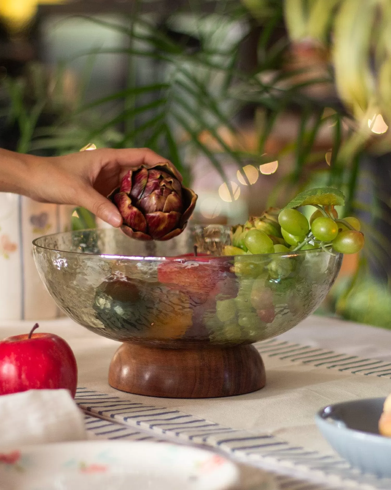 * Bowls^Fiesta Serving Glass Bowl With Wooden Base