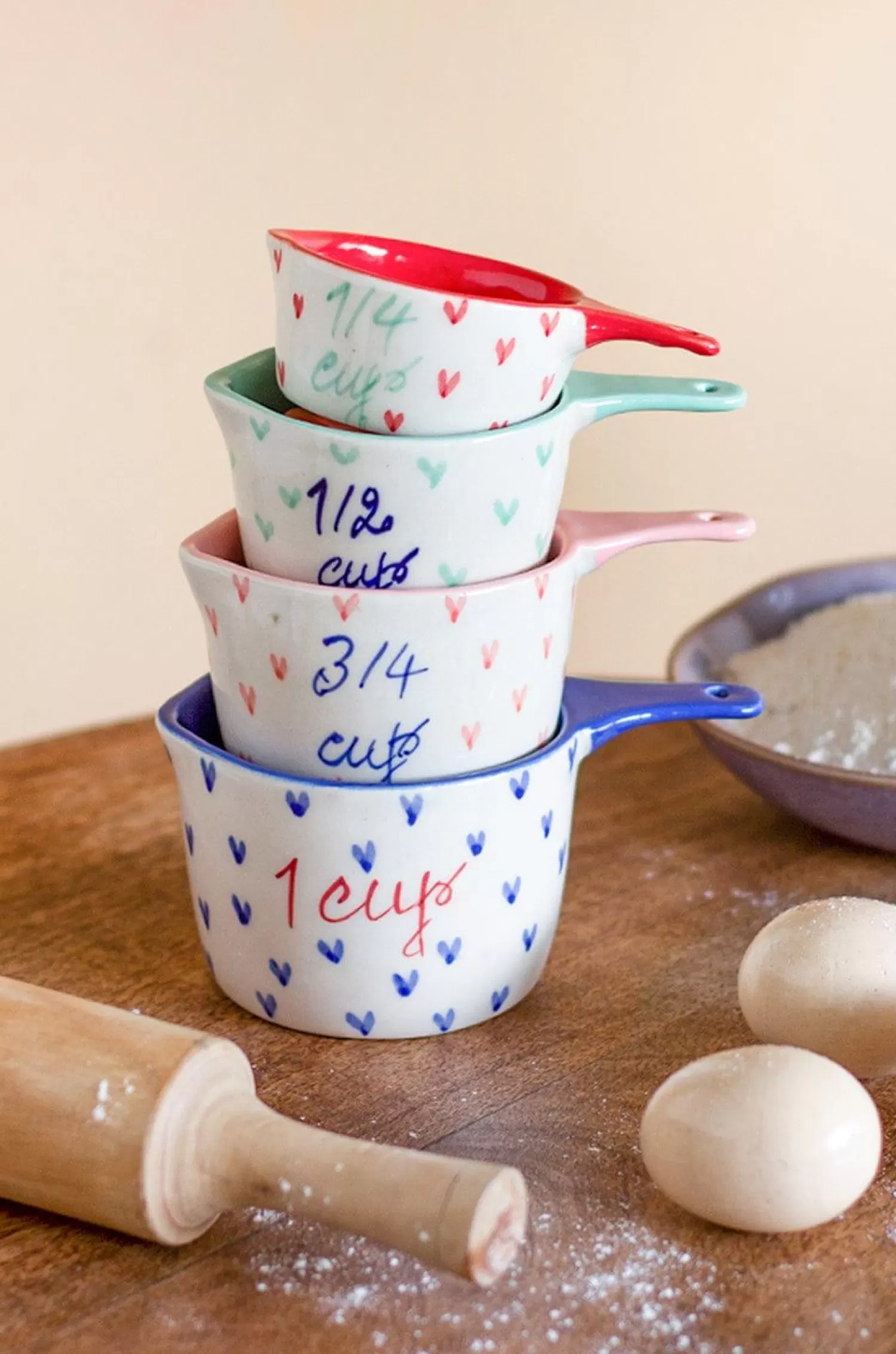 Minhas Pottery Kitchen Accessories^Little Hearts Measuring Cups -Set Of 4 - Handpainted Stoneware