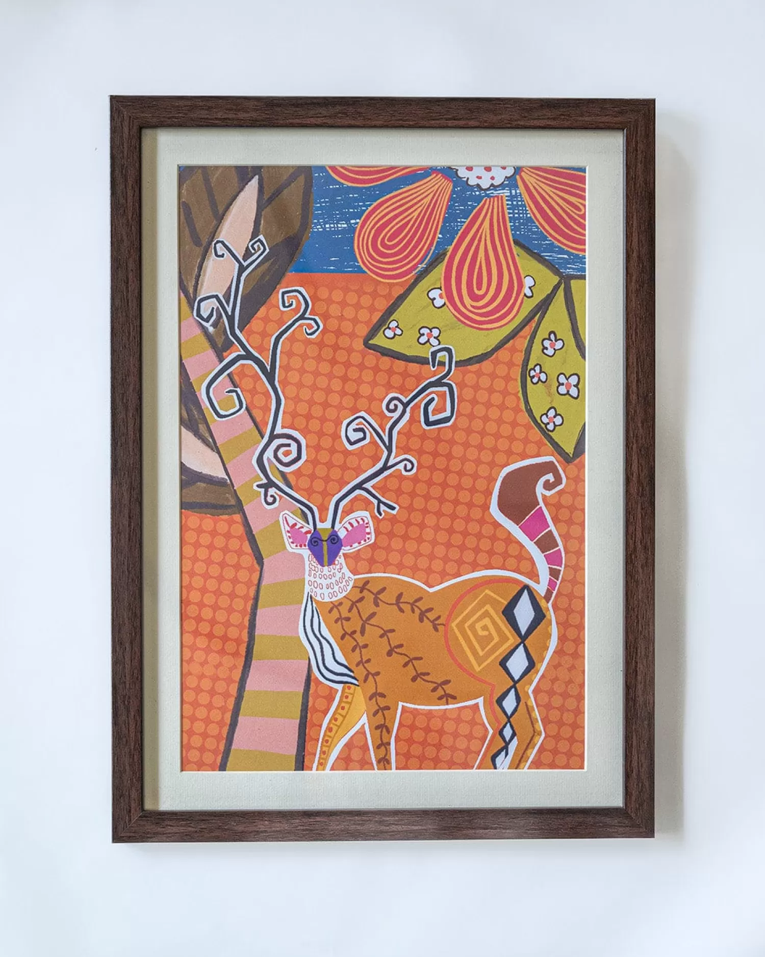 * Wall Decor^Modern Stag Sketch With Wooden Framing