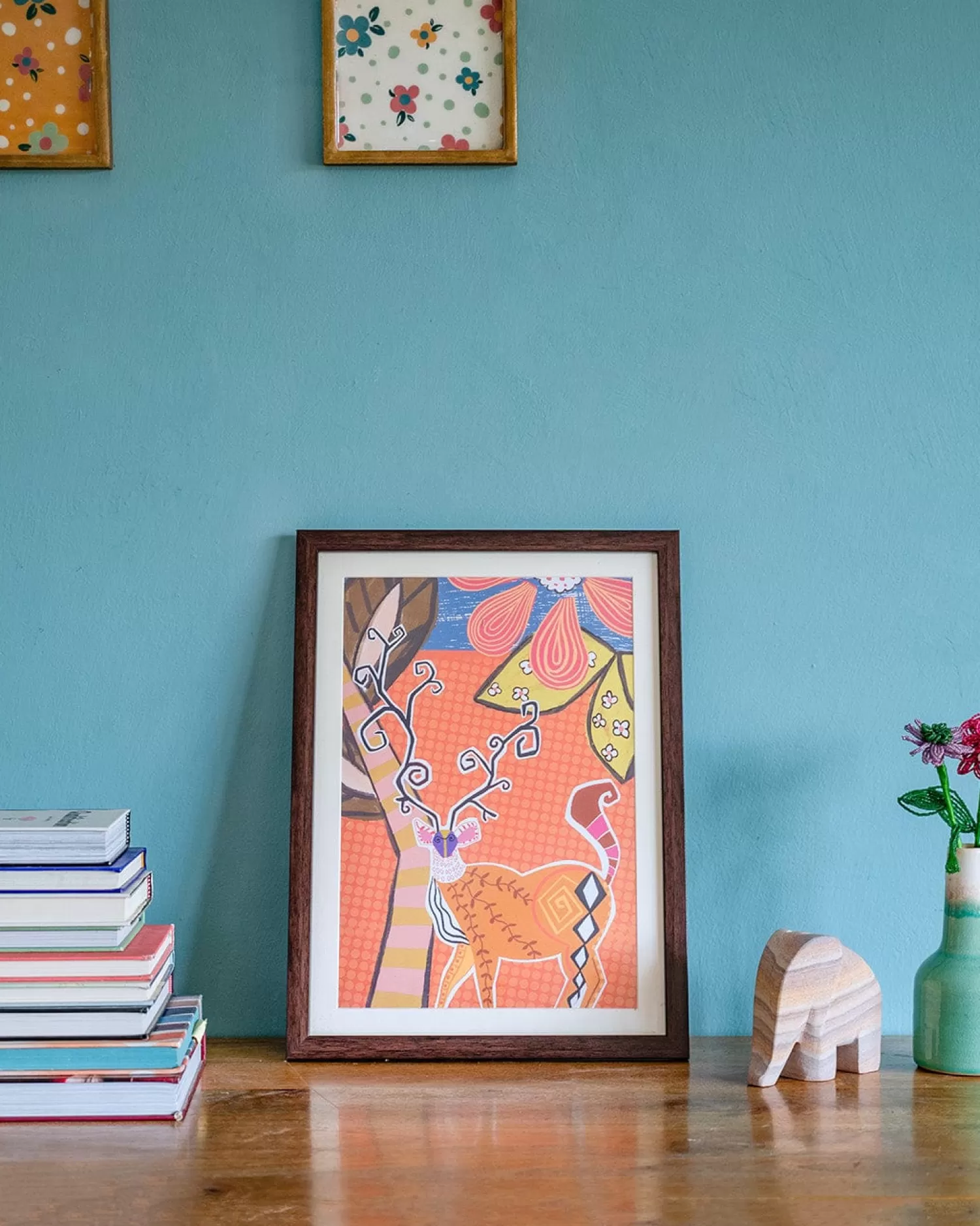 * Wall Decor^Modern Stag Sketch With Wooden Framing