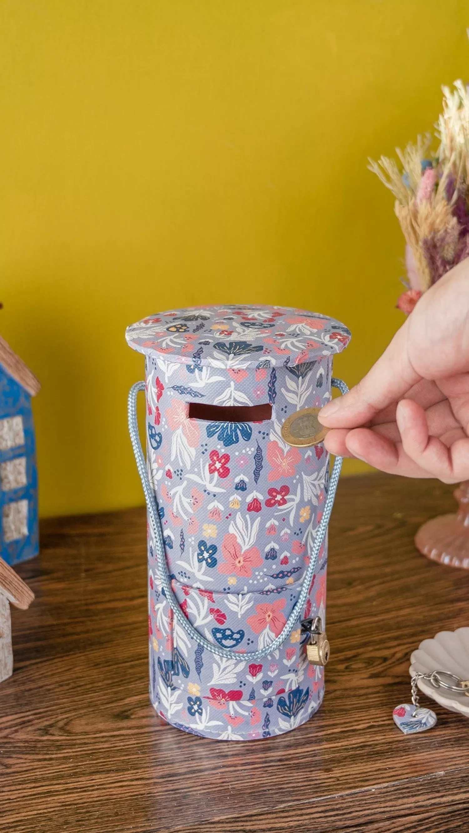 * Storage^Pearlised Paper Leather Round Piggy Bank - Blue Meadow