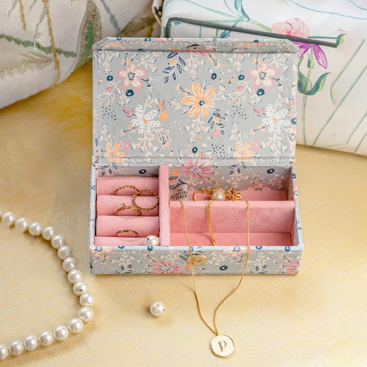 * Storage^Pearlised Paper Leather Travel Jewellery Box Small - Garden Fog