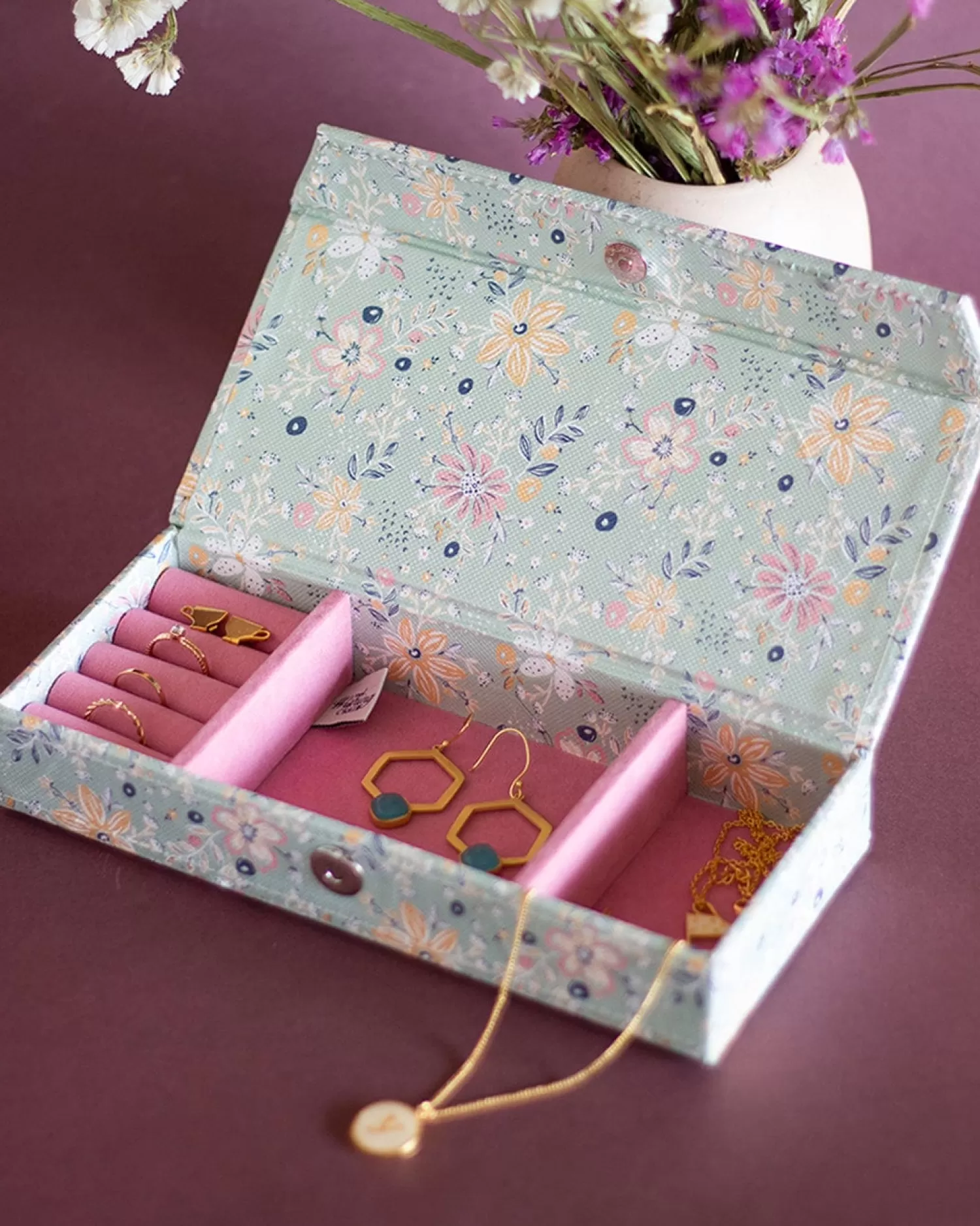 * Storage^Pearlised Paper Leather Travel Jewelley Box- Garden Fog