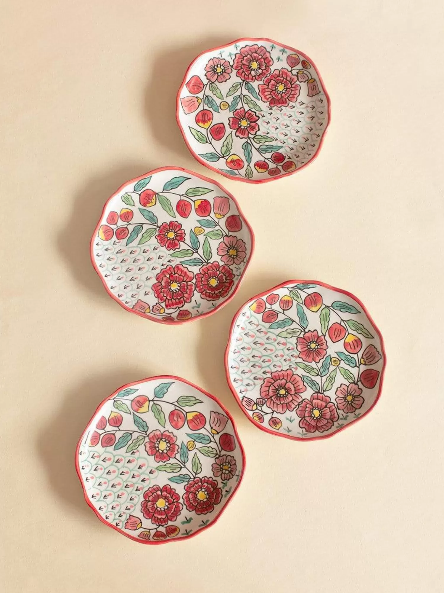 Minhas Pottery Plates^Poppy Petals Handpainted Dessert Plates - Set Of 4