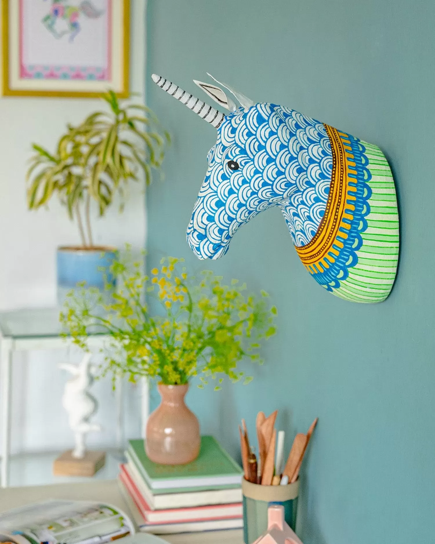 * Desk Accessories & Little Treats^Psychedelic Unicorn Handpainted Paper Mache Wall Decor Head