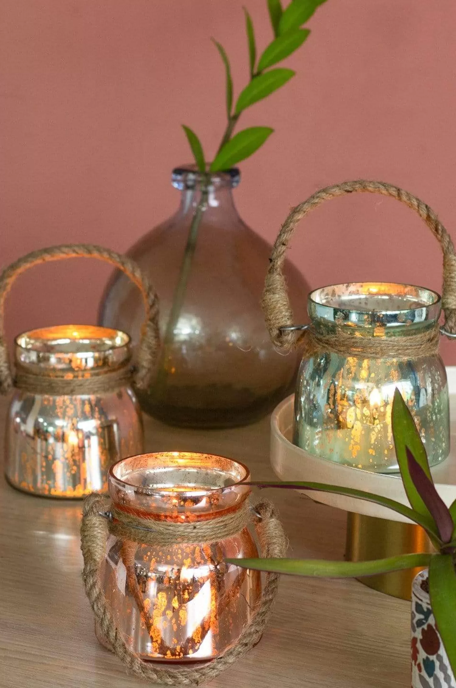 Saran Impex Lighting^Sparkle Dust Glass Votives With Jute Rope - Set Of 3