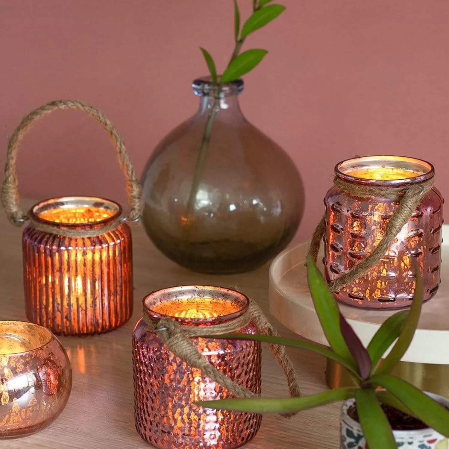 Saran Impex Lighting^Sparkles Glass Votives With Jute Rope - Set Of 3