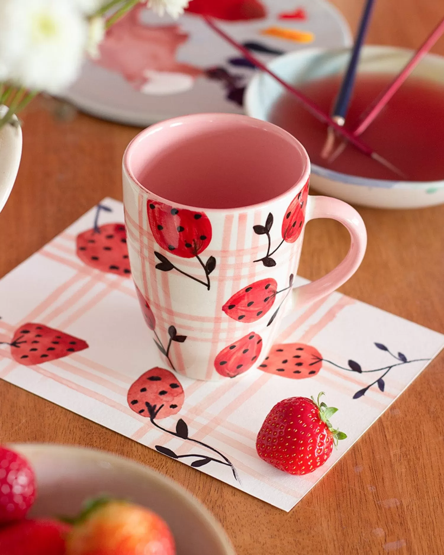 * Tea Cups & Coffee Mugs^Strawberries Handpainted Ceramic Mug